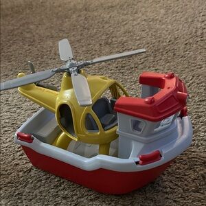 Yellow Helicopter and Red Rescue Boat Playset for Kids